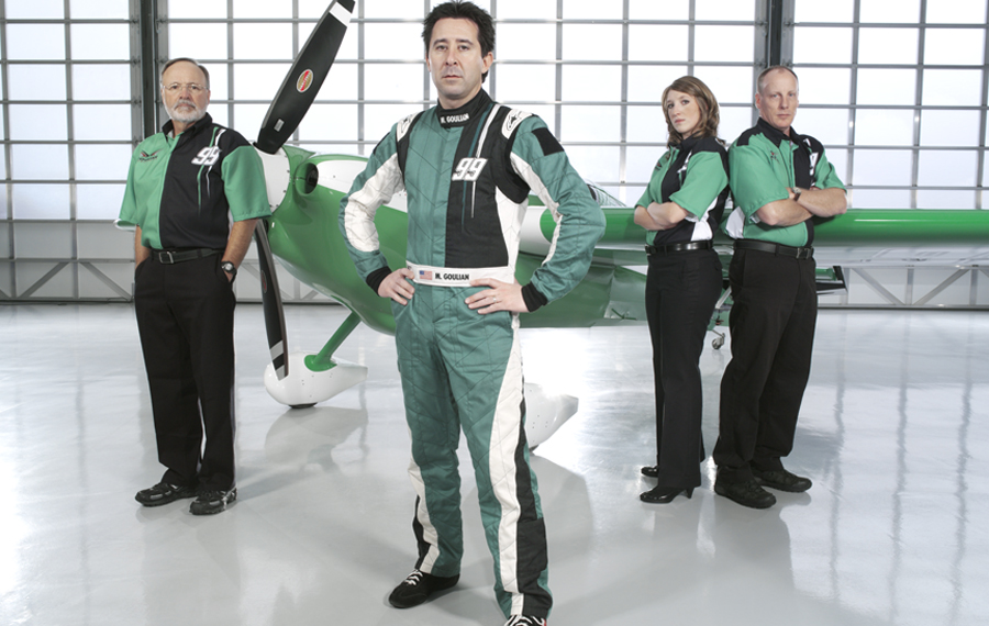 Air Race Team (L to R): Dennis Sawyer (Team Technican), Michael Goulian (Pilot), Jennifer Staretorp (Team Coordinator), Bradley Huelsman (Asst. Team Technician)